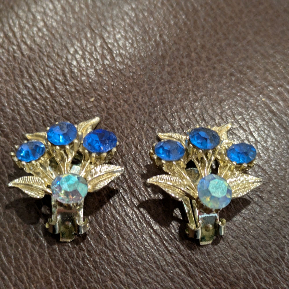 #2: Vintage 1960's Gorgeous Blue and Aurora Borealis Rhinestone Clip-On Earrings